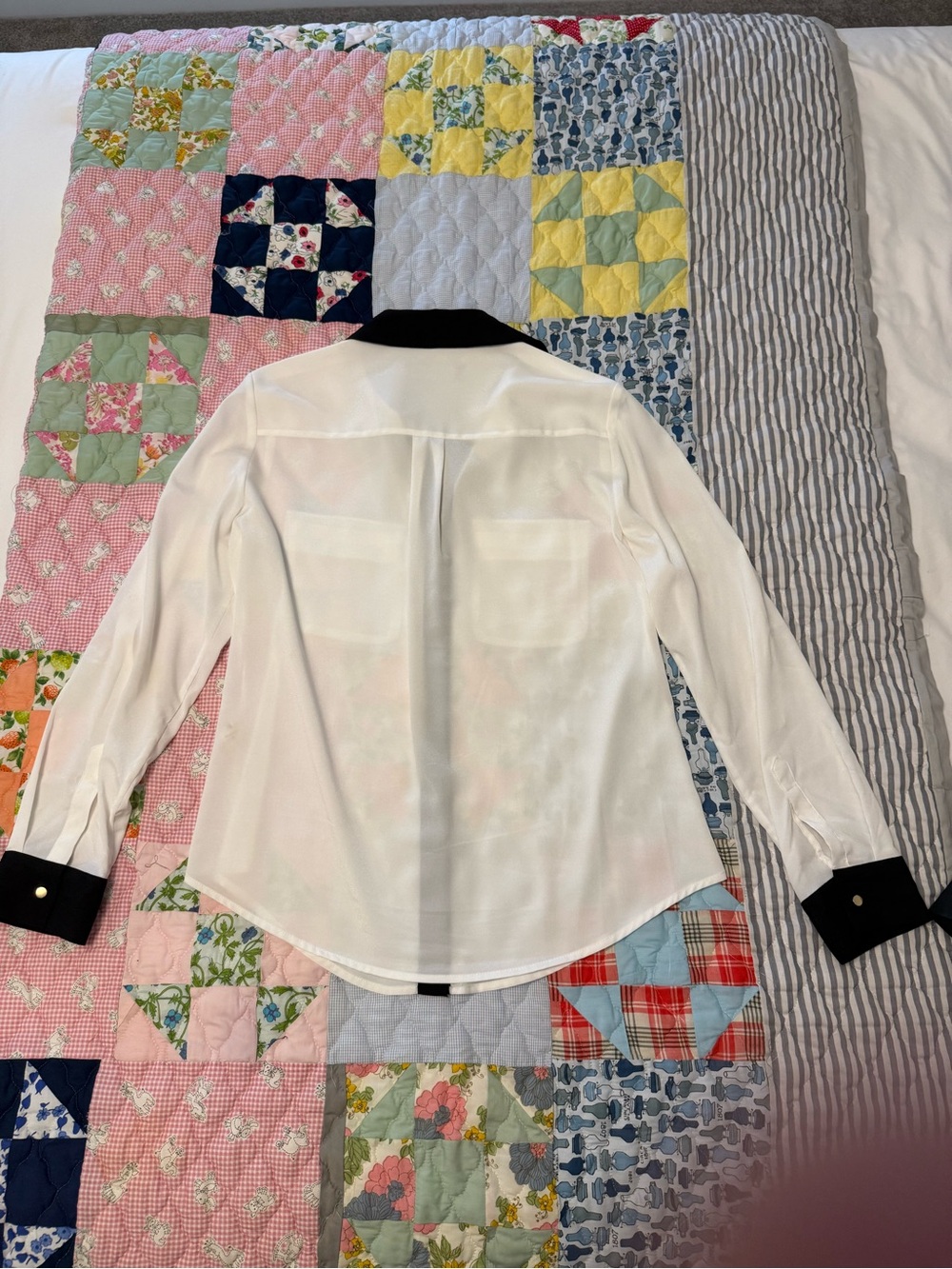 White Blouse with Black Trim Collar & Placket - Picture 4 of 4